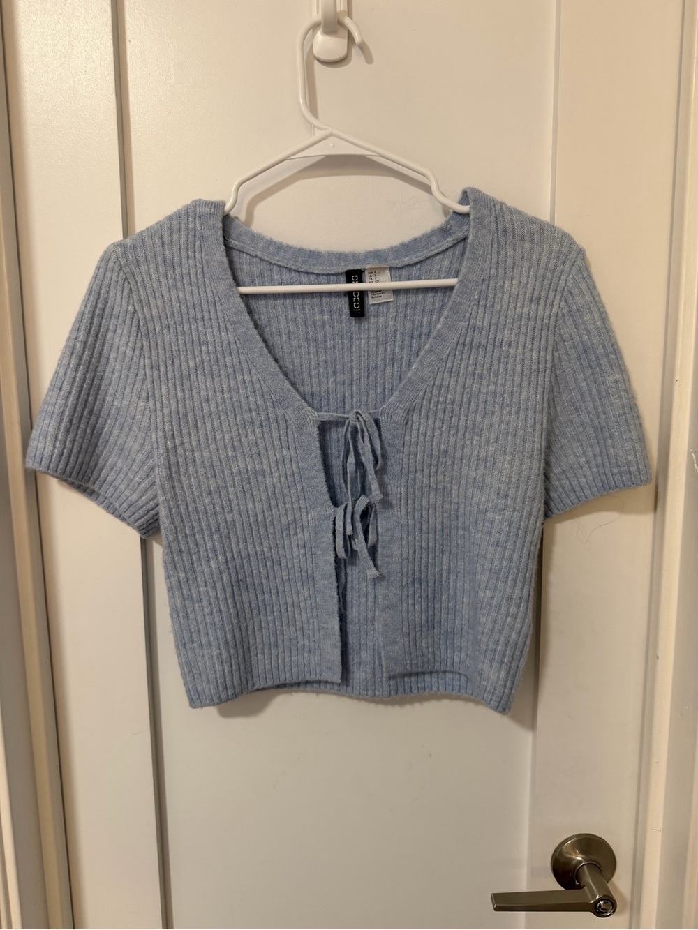 Ribbed Tie-Front Crop Top in Light Blue